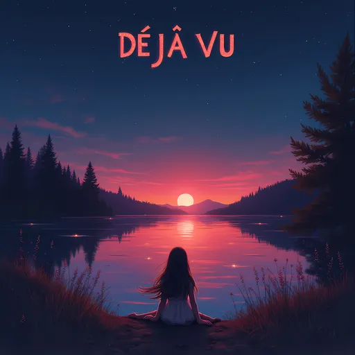 Prompt: Album cover titled ‘Déjà Vu’, featuring a serene, dreamy lake at night. The water reflects shades of deep red and purple, with a soft, ethereal glow. A girl, with long flowing hair, is sitting by the lake, gazing up at the sky, mesmerized by the stars. The night sky is clear, with shining, twinkling stars scattered across the dark expanse. The overall atmosphere is tranquil, mysterious, and otherworldly, blending vibrant colors with a sense of nostalgia and wonder.