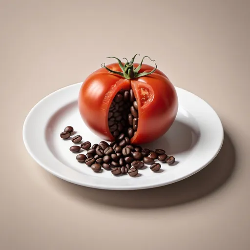 Prompt: a tomato sliced in two filled with coffe beans. Realistic, kitchen
