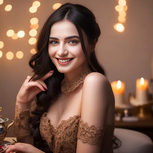 Prompt: beautiful lady,  smile, dark makeup, hyperdetailed photography,ulrealistic, seating on table with cup of tea, soft light, head and shoulders portrait, cover