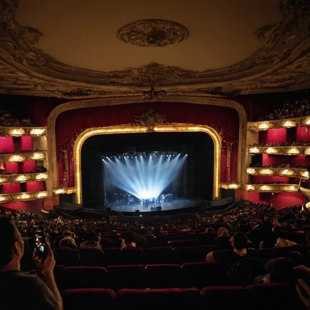 Prompt: Teatro Gran Rex Buenos Aires, Argentina, despues del Concierto, Teatro Vaciandose, Teatro Totalmente Vacío, Fans vaciando las plateas del teatro, fans vaciando los asientos del teatro, Luces del escenario apagadas, Luces del teatro totalmente apagadas, Teatro totalmente a oscuras, Corte de luz, Apagon total, Lightsticks, Camaras y Celulares, Vista de una cámara de televisión hacia el publico, Tarde, Dia Soleado, 2004
