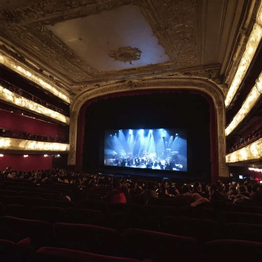 Prompt: Teatro Gran Rex Buenos Aires, Argentina, despues del Concierto, Teatro Vaciandose, Teatro Totalmente Vacío, Fans vaciando las plateas del teatro, fans vaciando los asientos del teatro, Luces del escenario apagadas, Luces del teatro totalmente apagadas, Teatro totalmente a oscuras, Corte de luz, Apagon total, Lightsticks, Camaras y Celulares, Vista de una cámara de televisión hacia el publico, Tarde, Dia Soleado, 2004
