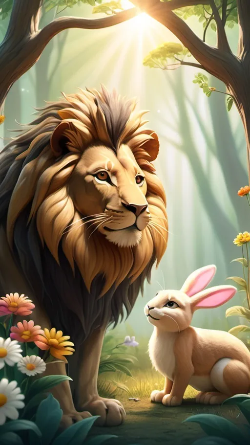 Prompt: "Create a peaceful forest scene showing a lion and a rabbit side by side, symbolizing friendship and trust. They are both smiling contentedly, surrounded by flowers, trees, and sunlight filtering through the branches. The atmosphere feels calm and warm, emphasizing the bond between them."