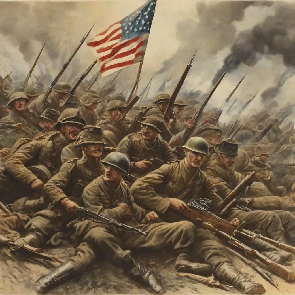 Prompt: American Army in 1914 fighting against another army. Propaganda-style, army/war journal style