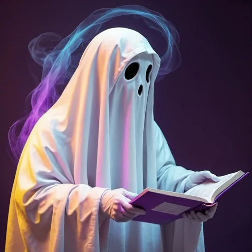Prompt: a HR ghost reading resumes. should have neobrutalism theme. should contains vibrant purple, pink, yellow colours.