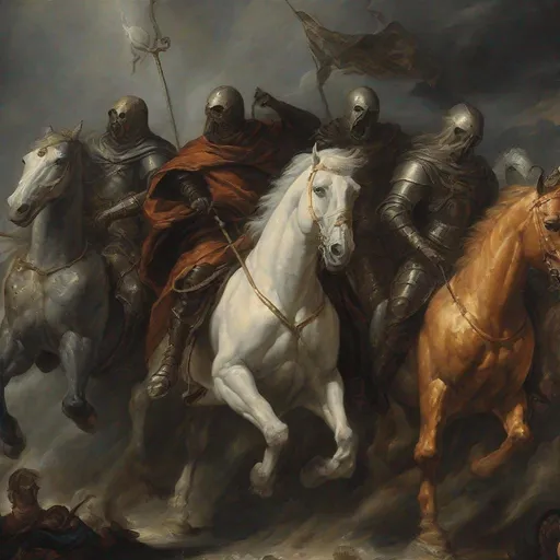 Prompt: Four Horsemen from apocalypse in oil painting. detail according to the Bible.at the button there are some injured people