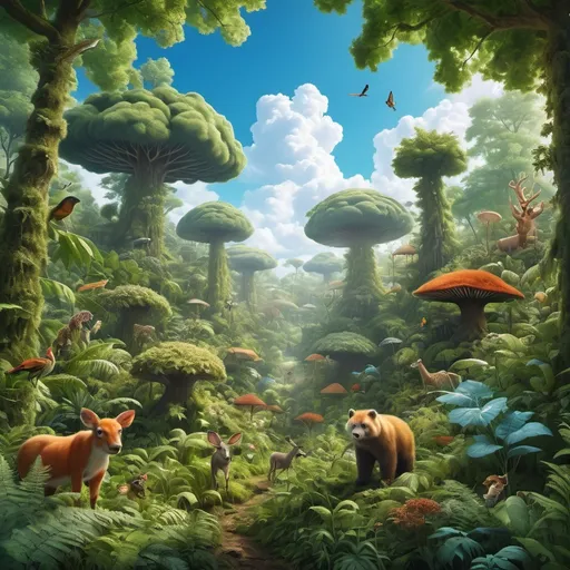 Prompt: A lush, vibrant forest teeming with diverse plant and animal life. A clear blue sky with fluffy clouds.