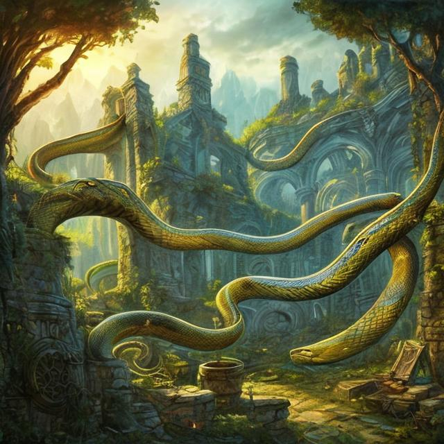 Prompt: Fantasy artwork of snakes in a forest with ruined buildings and baskets