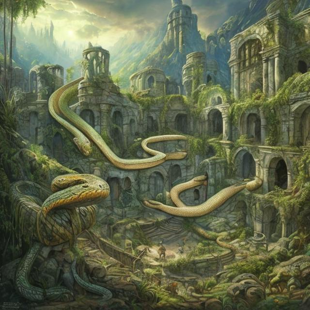 Prompt: Fantasy artwork of snakes in a forest with ruined buildings and baskets