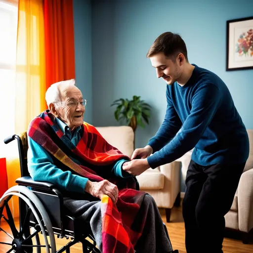 Prompt: Portrait of a young man putting a blanket on the lap of an elderly man in a wheelchair. indoor setting, living room, vivid colors, high contrast colors, high exposure, calm mood, content expression, bright lighting, photorealistic, detailed facial features, professional attire, medical office, serene atmosphere. 