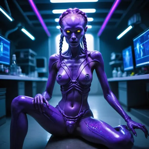 Prompt: Alien girl with spread legs in legins in lab9ratory with purple skin in vibrant, iridescent colors, braided hair, rim lighting, artificial lighting, fluorescent, neon lamp, optical fiber, ultraviolet, celestial, high quality, sci-fi, futuristic, otherworldly, colorful, atmospheric lighting, glowing eyes