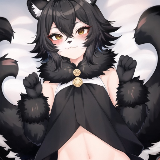 Prompt: furry, male, femboy, girly, gay, black eyes, black hair, snow leopard, 