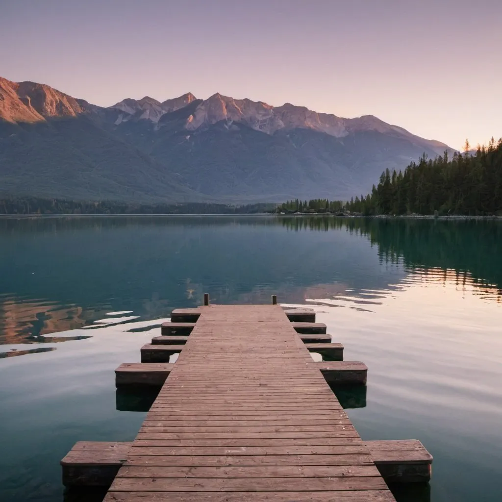 Prompt: a dock on a lake with mountains in the background at sunset
