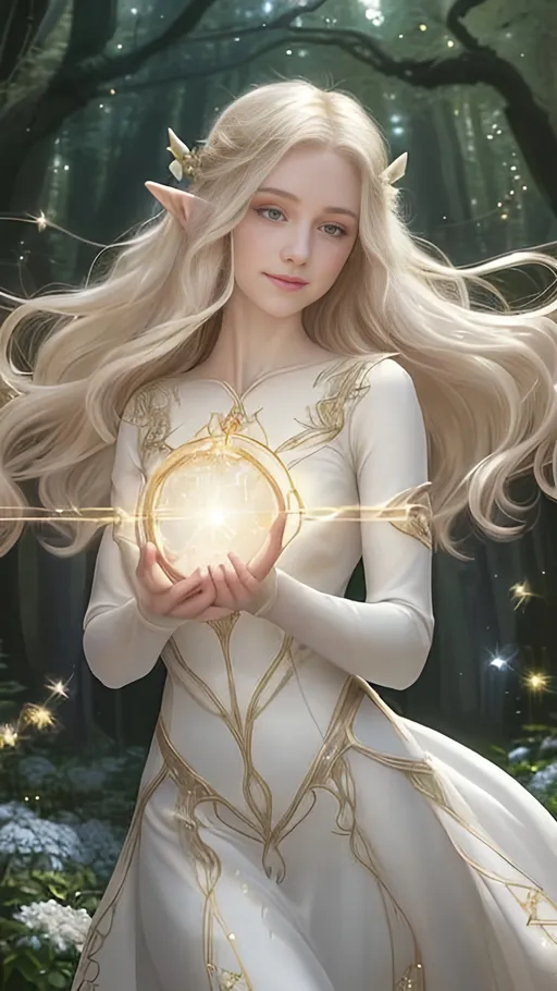 Prompt: Zoom in Portrait Very beautiful elf woman holding an orb of light (Masterpiece), gentle eyes and smile, gentle sparks of light, pale blond hair, (Masterpiece), fantastic sunlight,  very beautiful woman, fantasy, beautiful dancing pose, fantastic sky background, realistic flowers and plants,, constellation-like design Dress, in forest Shining pale blond hair, cinematic light, beautiful woman, beautiful eyes, long hair, perfect anatomy, very pretty, princess eyes, fantastic, stylised animation, bioluminescent, life size, 32K resolution, human hands, mysterious shape, graceful, almost perfect, dynamic angles, highly detailed, figure sheet, concept Art, smooth, symmetrical, balanced placement, fashion pose, 20s beauty, great hair, overhead space