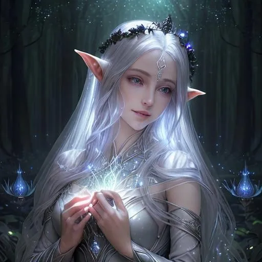 Prompt: Zoom in Portrait Very beautiful ethereal lightelf queen surrounded by many floating orbs of pale light (Masterpiece), long pointed elven ears, gentle eyes and smile, gentle sparks of light, black hair, (Masterpiece), in a dark forest,  very beautiful woman, fantasy, beautiful dancing pose, ominous forest background, realistic flowers and plants,, constellation-like design translucent see through Dress, in forest lovely dark purple hair, cinematic light, beautiful woman, beautiful eyes, long hair, perfect anatomy, very pretty, princess eyes, fantastic, stylised animation, bioluminescent, life size, 32K resolution, human hands, mysterious shape, graceful, almost perfect, dynamic angles, highly detailed, figure sheet, concept Art, smooth, symmetrical, balanced placement, fashion pose, 20s beauty, great hair, overhead space