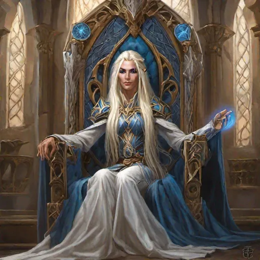 Prompt: painting of a noble highelf with opalblonde with shoulderlength braided long hair, sitting on a throne in the style of Anne Stokes