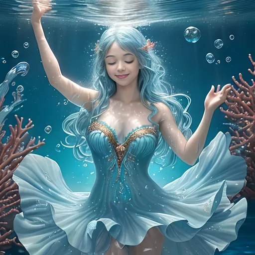 Prompt: Zoom in Portrait Very beautiful water nymph, Undine (Masterpiece), Closed eyes and smile, Schools of small fish, watery blue hair, (Masterpiece), fantastic sunlight, bubbles dancing on the water, very beautiful woman, fantasy, beautiful dancing pose, fantastic coral group background, realistic flowers and plants,, constellation-like design Dress, in water Shining blue hair, cinematic light, beautiful woman, beautiful eyes, long hair, perfect anatomy, very pretty, princess eyes, fantastic, stylised animation, bioluminescent, life size, 32K resolution, human hands, mysterious shape, graceful, almost perfect, dynamic angles, highly detailed, figure sheet, concept Art, smooth, symmetrical, balanced placement, fashion pose, 20s beauty, great hair, overhead space