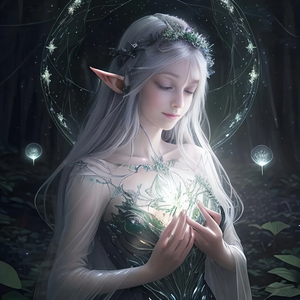 Prompt: Zoom in Portrait Very beautiful ethereal lightelf queen surrounded by many floating orbs of pale light (Masterpiece), long pointed elven ears, gentle eyes and smile, gentle sparks of light, black hair, (Masterpiece), in a dark forest,  very beautiful woman, fantasy, beautiful dancing pose, ominous forest background, realistic flowers and plants,, constellation-like design translucent see through Dress, in forest lovely dark purple hair, cinematic light, beautiful woman, beautiful eyes, long hair, perfect anatomy, very pretty, princess eyes, fantastic, stylised animation, bioluminescent, life size, 32K resolution, human hands, mysterious shape, graceful, almost perfect, dynamic angles, highly detailed, figure sheet, concept Art, smooth, symmetrical, balanced placement, fashion pose, 20s beauty, great hair, overhead space