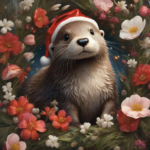 Prompt: Photorealistic, chibi adorable christmas otter surrounded by snow and springflowers :ink flow: 8k resolution photorealistic masterpiece: by Aaron Horkey and Jeremy Mann: intricately detailed fluid gouache painting: by Jean Baptiste Mongue: calligraphy: acrylic: watercolor art, professional photography, natural lighting, volumetric lighting maximalist photoillustration: by marton bobzert: 8k resolution concept art intricately detailed, complex elegant expansive fantastical