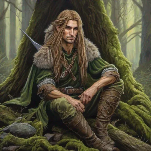 Prompt: painting of a woodelf ranger with shoulderlength braided long hair, sitting on a mossy log in the forest in the style of Anne Stokes