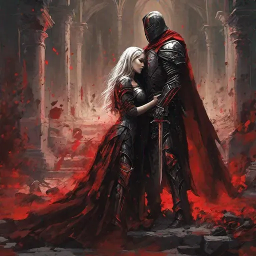 Prompt: crusader clad in black and red steel-armor protecting his beautiful and fragile wife whos embracing him in a blood stained and torn world.