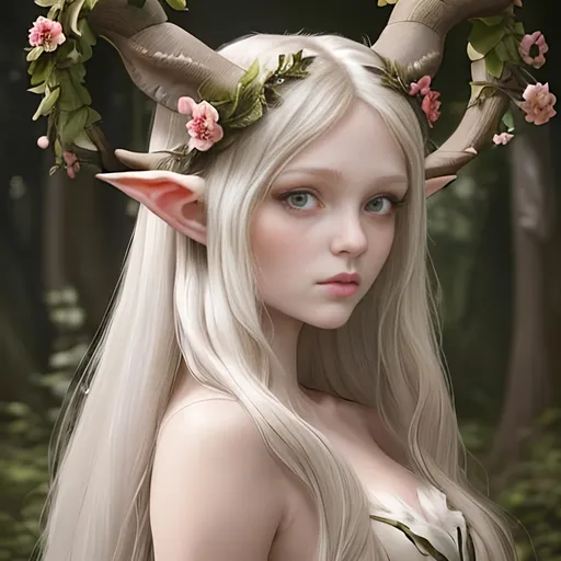 Prompt: a beautiful and youthful female faun with striking features, including long, flowing white hair and dark, earthy skin, nature inspired dress, She should have a pretty face with delicate features, and her eyes should sparkle with mischief and curiosity, Her faun-like features should be subtly incorporated into her appearance, with antlers decorated with flowers peeking out from her hairline and delicate hooves for feet, Her lithe and graceful body should be adorned with leaves and vines, adding a touch of natural beauty and wildness to her appearance, Let your creativity run wild and capture the essence of this playful and alluring creature in your artwork, flowing white hair, Intricate, Highly detailed, Digital painting, Artstation, Fantasy, Sharp focus, mythological, Art by artgerm and greg rutkowski and magali villeneuve, Divine, Mystical, Glowing eyes, otherworldly, trending on deviantart and instagram