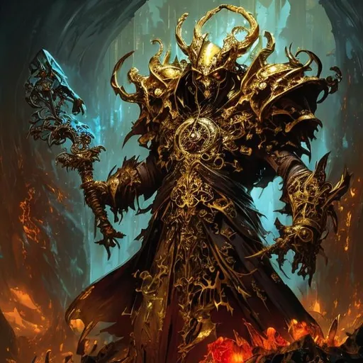 Prompt: Golden exalted Necromancer by Guildwars 2, by Daniel Dociu by Kekai kotai by John Berkey, fantasy Necromancer golden skin, golden ancient robes, inscribed with runes, Ultra-high definition render by Sophia Lee