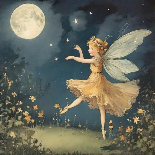 Prompt: a fairy dancing under the moonlight in nursery rhyme art