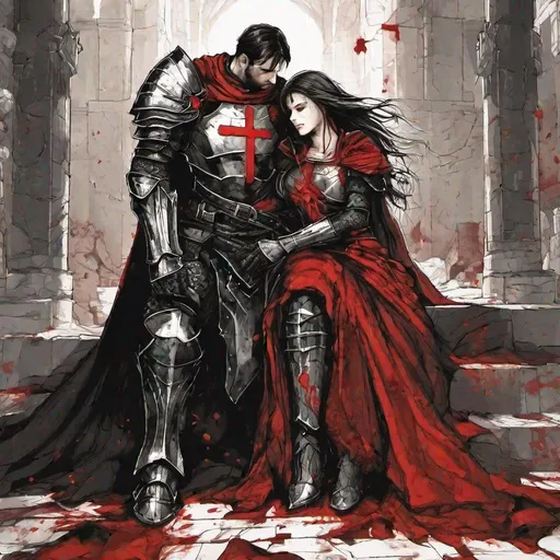 Prompt: crusader clad in black and red steel-armor protecting his wife whos embracing him in a blood stained and torn world.