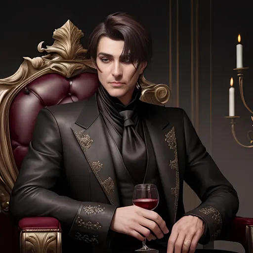 Prompt: a handsome middleaged male nobleman with striking features, eyepatch over the right eye, dark leather eyepatch on right eye, short assymetrical emostyle darkbrown hair, fair earthy skin, silk noblemans clothes, black leather eyepatch on the right eye,  gentle pretty face with delicate features, eyes sparkling with curiosity, sitting on a throne and holding a glass of red wine, silken embroidered luxurious nobleman's clothing with a long leather coat, holding a glass of red wine, natural beauty and wildness to his appearance, playful and alluring, healthy halflong emostyle brown hair, Intricate, Highly detailed, Digital painting, Artstation, Fantasy, Sharp focus, mythological, Art by artgerm and greg rutkowski and magali villeneuve, Divine, Mystical, Glowing eyes, otherworldly, trending on deviantart and instagram