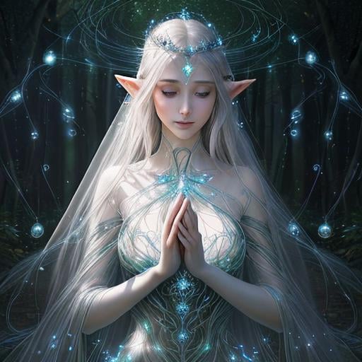 Prompt: Zoom in Portrait Very beautiful ethereal lightelf queen surrounded by many floating orbs of pale light (Masterpiece), long pointed elven ears, gentle eyes and smile, gentle sparks of light, black hair, (Masterpiece), in a dark forest,  very beautiful woman, fantasy, beautiful dancing pose, ominous forest background, realistic flowers and plants,, constellation-like design translucent see through Dress, in forest lovely dark purple hair, cinematic light, beautiful woman, beautiful eyes, long hair, perfect anatomy, very pretty, princess eyes, fantastic, stylised animation, bioluminescent, life size, 32K resolution, human hands, mysterious shape, graceful, almost perfect, dynamic angles, highly detailed, figure sheet, concept Art, smooth, symmetrical, balanced placement, fashion pose, 20s beauty, great hair, overhead space