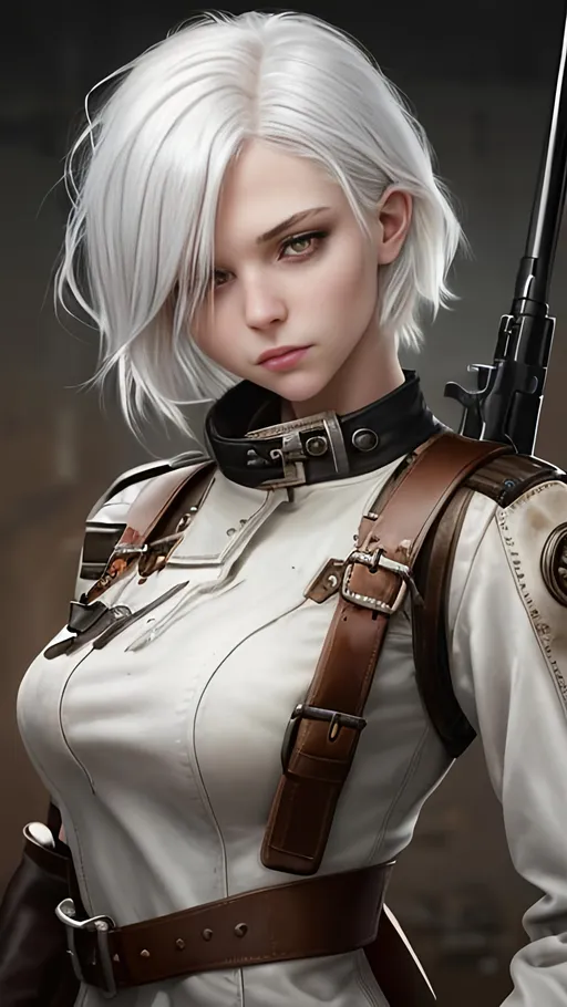 Prompt: Zoom in Portrait Very becautiful young woman with red eyes and short emostyle white hair, a burnscar over her left eye, hair over her right eye, (Masterpiece), gentle sad expression, short white emostyle assymetrical hair, (Masterpiece), holding a rifle, very beautiful young woman, fantasy, leather steampunk mechanic magitech outfit, overals, long sleeved shirt, lovely short white hair with a lock over her right eye, cinematic light, beautiful woman, beautiful red eyes, short emo style hair hair, longer locks over her right eye, perfect anatomy, very pretty, princess eyes, fantastic, stylised animation, life size, 32K resolution, human hands, mysterious shape, graceful, almost perfect, dynamic angles, highly detailed, figure sheet, concept Art, smooth, symmetrical, balanced placement, fashion pose, 20s beauty, great hair, overhead space