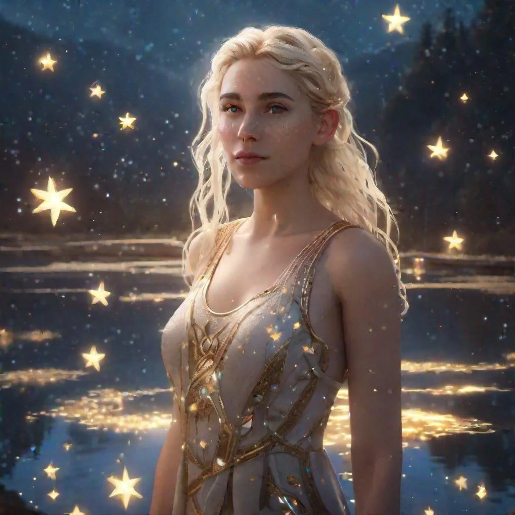 Prompt: Portrait of a beautiful girl surrounded by stars, standing at a lake. Flowing opal blonde hair, surrounded by orbs of gentle pale gold light, detailed matte painting, deep color, fantastical, intricate detail, splash screen, complementary colors, fantasy concept art, 8k resolution trending on Artstation Unreal Engine 5