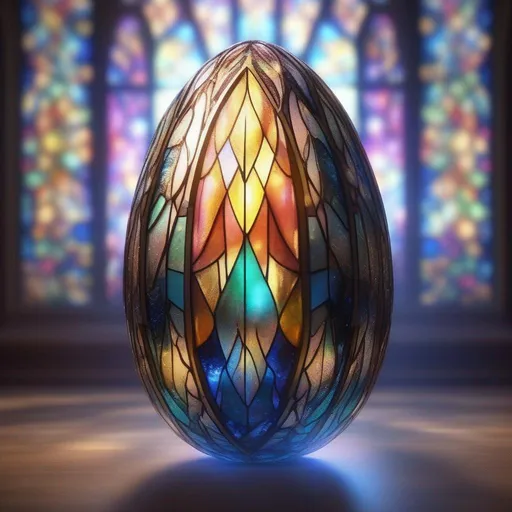 Prompt: Through high definition CG, shimmering stained glass egg, hyper detailed, hyper realistic, sparkling, jewel, shimmering glass egg, symmetrical, ,gentle sunlight,  beautiful and dreamy,Lightning, Lightning,Light Effects, 8K, Ultra HD, Blizzard style art trends,Luminous fog luminous ，volume lightVolumetric light