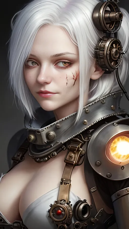 Prompt: Zoom in Portrait Very becautiful young woman with red eyes and short emostyle white hair, a burnscar over her left eye, hair over her right eye, (Masterpiece), gentle sad expression, gentle sparks of light, short white emostyle assymetrical hair, (Masterpiece), working on a metal golem, very beautiful young woman, fantasy, steampunk mechanic outfit, overals, long sleeved shirt, lovely short white hair with a lock over her right eye, cinematic light, beautiful woman, beautiful red eyes, short emo style hair hair, longer locks over her right eye, perfect anatomy, very pretty, princess eyes, fantastic, stylised animation, bioluminescent, life size, 32K resolution, human hands, mysterious shape, graceful, almost perfect, dynamic angles, highly detailed, figure sheet, concept Art, smooth, symmetrical, balanced placement, fashion pose, 20s beauty, great hair, overhead space