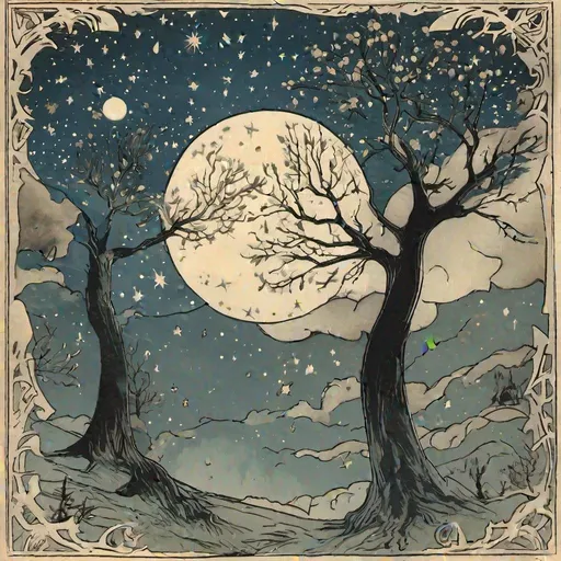 Prompt: Ethel Reed illustration of starry sky and elven trees tattoos
