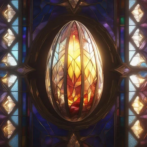 Prompt: Through high definition CG, shimmering stained glass egg, hyper detailed, hyper realistic, sparkling, jewel, shimmering glass egg, symmetrical, ,gentle sunlight,  beautiful and dreamy,Lightning, Lightning,Light Effects, 8K, Ultra HD, Blizzard style art trends,Luminous fog luminous ，volume lightVolumetric light