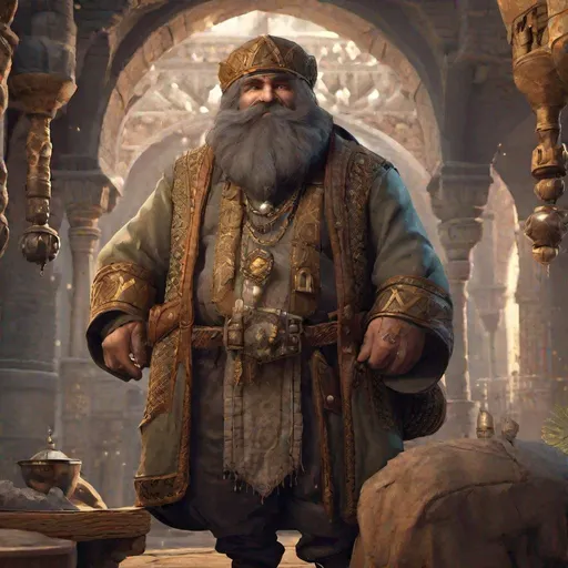 Prompt: Portrait of a dwarven merchant in a Middle East-inspired fantasy city. He wears elaborate clothing made of kashmir. Full-body shot, highly detailed, character illustration, 8K.