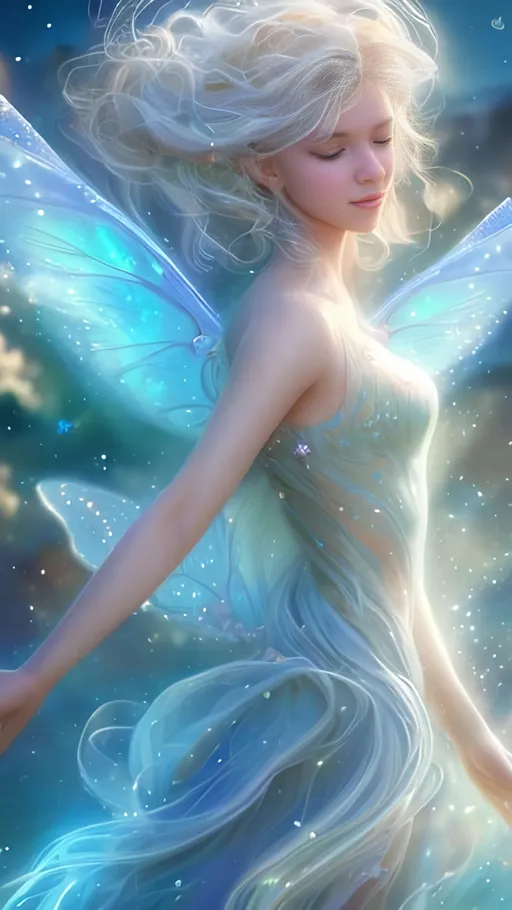 Prompt: Zoom in Portrait Very beautiful air faerie, Sylph (Masterpiece), warm gentle expression, group of butterflies, wavy opalblonde hair in the wind, (Masterpiece), fantastic sunlight, gentle white clouds, very beautiful woman, fantasy, beautiful dancing pose, fantastic sky background, realistic butterflies, constellation-like design Dress, in the sky Shining opalblonde hair, cinematic light, beautiful woman, beautiful eyes, long hair, perfect anatomy, very pretty, princess eyes, fantastic, stylised animation, bioluminescent, life size, 32K resolution, human hands, mysterious shape, graceful, almost perfect, dynamic angles, highly detailed, figure sheet, concept Art, smooth, symmetrical, balanced placement, fashion pose, 20s beauty, great hair, overhead space