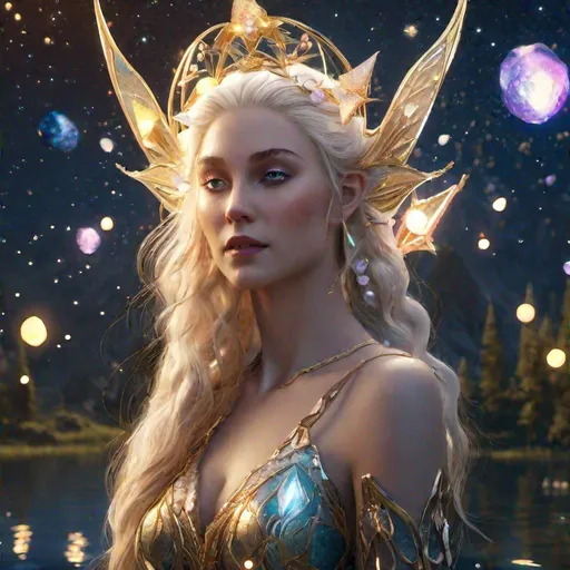 Prompt: Portrait of a beautiful elf woman surrounded by stars, standing at a lake. Flowing opal blonde hair, pointed elf ears, surrounded by orbs of gentle pale gold light, detailed matte painting, deep color, fantastical, intricate detail, splash screen, complementary colors, fantasy concept art, 8k resolution trending on Artstation Unreal Engine 5