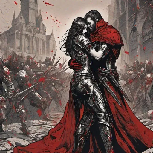 Prompt: crusader clad in black and red steel-armor protecting his wife whos embracing him in a blood stained and torn world.