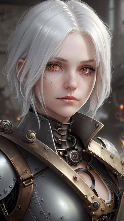 Prompt: Zoom in Portrait Very becautiful young woman with red eyes and short emostyle white hair, a burnscar over her left eye, hair over her right eye, (Masterpiece), gentle sad expression, gentle sparks of light, short white emostyle assymetrical hair, (Masterpiece), working on a metal golem, very beautiful young woman, fantasy, steampunk mechanic outfit, overals, long sleeved shirt, lovely short white hair with a lock over her right eye, cinematic light, beautiful woman, beautiful red eyes, short emo style hair hair, longer locks over her right eye, perfect anatomy, very pretty, princess eyes, fantastic, stylised animation, bioluminescent, life size, 32K resolution, human hands, mysterious shape, graceful, almost perfect, dynamic angles, highly detailed, figure sheet, concept Art, smooth, symmetrical, balanced placement, fashion pose, 20s beauty, great hair, overhead space