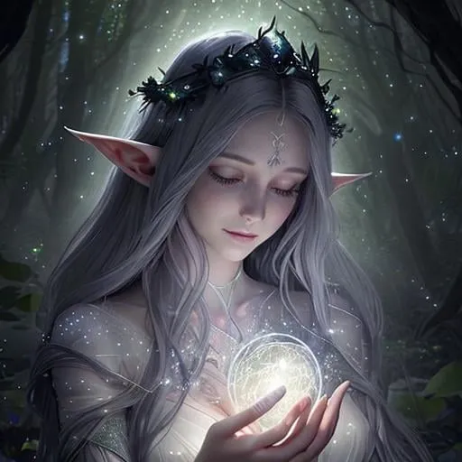 Prompt: Zoom in Portrait Very beautiful ethereal lightelf queen spirit surrounded by many floating orbs of pale light (Masterpiece), long pointed elven ears, gentle eyes and smile, gentle sparks of light, black hair, (Masterpiece), in a dark forest,  very beautiful woman, fantasy, beautiful dancing pose, ominous forest background, realistic flowers and plants,, constellation-like design translucent see through Dress, in forest lovely dark purple hair, cinematic light, beautiful woman, beautiful eyes, long hair, perfect anatomy, very pretty, princess eyes, fantastic, stylised animation, bioluminescent, life size, 32K resolution, human hands, mysterious shape, graceful, almost perfect, dynamic angles, highly detailed, figure sheet, concept Art, smooth, symmetrical, balanced placement, fashion pose, 20s beauty, great hair, overhead space