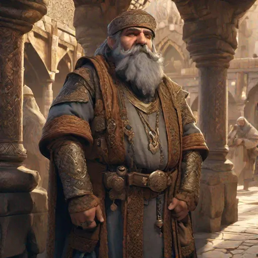 Prompt: Portrait of a dwarven merchant in a Middle East-inspired fantasy city. He wears elaborate clothing made of kashmir. Full-body shot, highly detailed, character illustration, 8K.