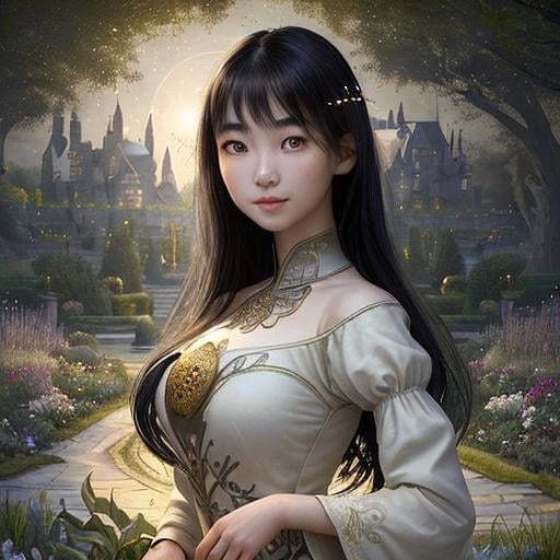 Prompt: Zoom in Portrait Very beautiful girl with asian features surrounded by many floating orbs of pale light (Masterpiece), gentle eyes and smile, gentle sparks of light, black hair, (Masterpiece), in a beautiful garden at night,  very beautiful girl, fantasy, beautiful dancing pose, medieval castle in the background, realistic flowers and plants,, constellation-like design Dress, in forest lovely dark hair, cinematic light, beautiful girl, beautiful eyes, long hair, perfect anatomy, very pretty, princess eyes, fantastic, stylised animation, bioluminescent, life size, 32K resolution, human hands, mysterious shape, graceful, almost perfect, dynamic angles, highly detailed, figure sheet, concept Art, smooth, symmetrical, balanced placement, fashion pose, 20s beauty, great hair, overhead space