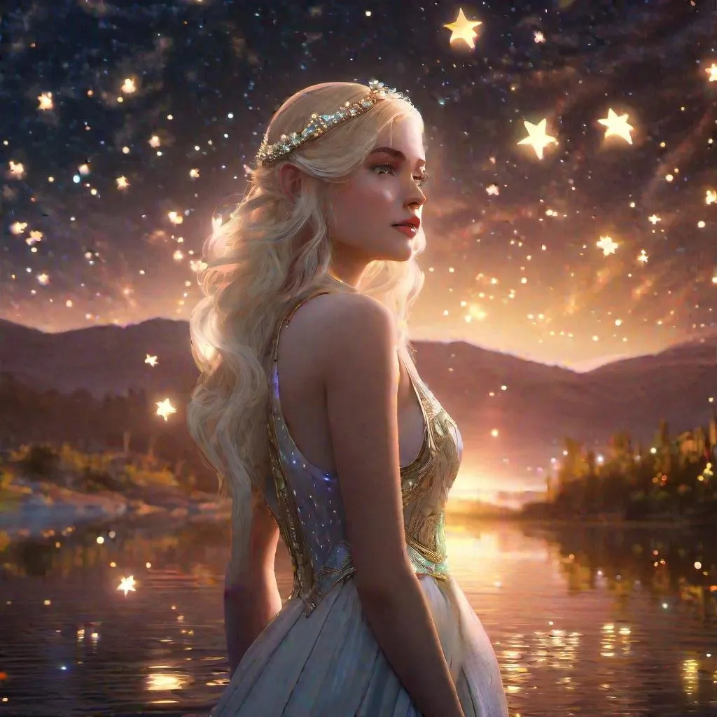 Prompt: Portrait of a beautiful girl surrounded by stars, standing at a lake. Flowing opal blonde hair, surrounded by orbs of gentle pale gold light, detailed matte painting, deep color, fantastical, intricate detail, splash screen, complementary colors, fantasy concept art, 8k resolution trending on Artstation Unreal Engine 5