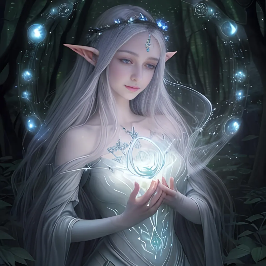 Prompt: Zoom in Portrait Very beautiful ethereal lightelf queen spirit surrounded by many floating orbs of pale light (Masterpiece), long pointed elven ears, gentle eyes and smile, gentle sparks of light, black hair, (Masterpiece), in a dark forest,  very beautiful woman, fantasy, beautiful dancing pose, ominous forest background, realistic flowers and plants,, constellation-like design translucent see through Dress, in forest lovely dark purple hair, cinematic light, beautiful woman, beautiful eyes, long hair, perfect anatomy, very pretty, princess eyes, fantastic, stylised animation, bioluminescent, life size, 32K resolution, human hands, mysterious shape, graceful, almost perfect, dynamic angles, highly detailed, figure sheet, concept Art, smooth, symmetrical, balanced placement, fashion pose, 20s beauty, great hair, overhead space