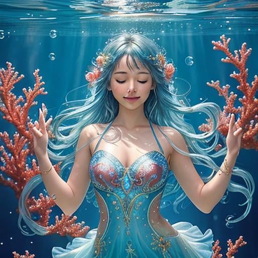 Prompt: Zoom in Portrait Very beautiful water nymph, Undine (Masterpiece), Closed eyes and smile, Schools of small fish, watery blue hair, (Masterpiece), fantastic sunlight, bubbles dancing on the water, very beautiful woman, fantasy, beautiful dancing pose, fantastic coral group background, realistic flowers and plants,, constellation-like design Dress, in water Shining blue hair, cinematic light, beautiful woman, beautiful eyes, long hair, perfect anatomy, very pretty, princess eyes, fantastic, stylised animation, bioluminescent, life size, 32K resolution, human hands, mysterious shape, graceful, almost perfect, dynamic angles, highly detailed, figure sheet, concept Art, smooth, symmetrical, balanced placement, fashion pose, 20s beauty, great hair, overhead space