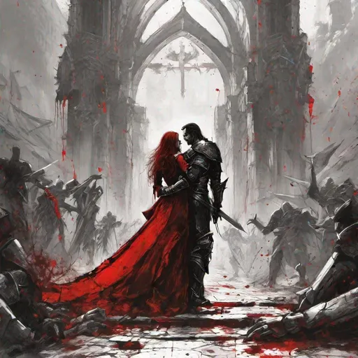 Prompt: crusader clad in black and red steel-armor protecting his beautiful and fragile wife whos embracing him in a blood stained and torn world.