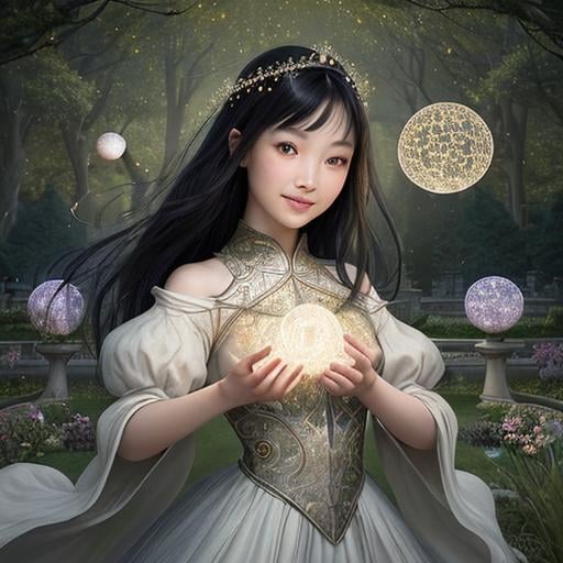 Prompt: Zoom in Portrait Very beautiful girl with asian features surrounded by many floating orbs of pale light (Masterpiece), gentle eyes and smile, gentle sparks of light, black hair, (Masterpiece), in a beautiful garden at night,  very beautiful girl, fantasy, beautiful dancing pose, medieval castle in the background, realistic flowers and plants,, constellation-like design Dress, in forest lovely dark hair, cinematic light, beautiful girl, beautiful eyes, long hair, perfect anatomy, very pretty, princess eyes, fantastic, stylised animation, bioluminescent, life size, 32K resolution, human hands, mysterious shape, graceful, almost perfect, dynamic angles, highly detailed, figure sheet, concept Art, smooth, symmetrical, balanced placement, fashion pose, 20s beauty, great hair, overhead space