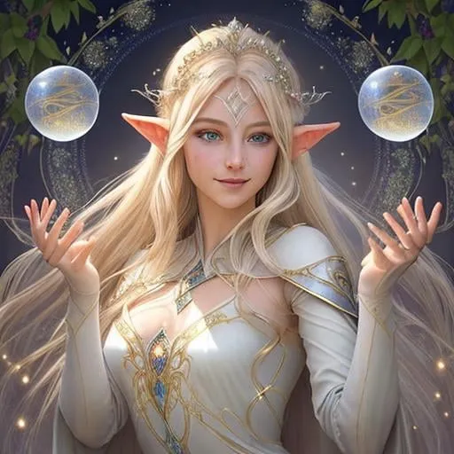 Prompt: Zoom in Portrait Very beautiful ethereal highelf queen spirit surrounded by many floating orbs of pale light (Masterpiece), long pointed elven ears, gentle eyes and smile, gentle sparks of light, opalblonde hair, (Masterpiece), in a throneroom,  very beautiful woman, fantasy, beautiful dancing pose, royal elven throneroom background, realistic flowers and plants,, constellation-like design translucent see through Dress, throneroom lovely opalblonde hair, cinematic light, beautiful woman, beautiful eyes, long hair, perfect anatomy, very pretty, princess eyes, fantastic, stylised animation, bioluminescent, life size, 32K resolution, human hands, mysterious shape, graceful, almost perfect, dynamic angles, highly detailed, figure sheet, concept Art, smooth, symmetrical, balanced placement, fashion pose, 20s beauty, great hair, overhead space